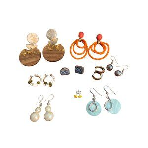 Lot Of 9 Pairs Pierced Earrings Hoops Dangle Wood Lemon Orange Faux Pearl Estate